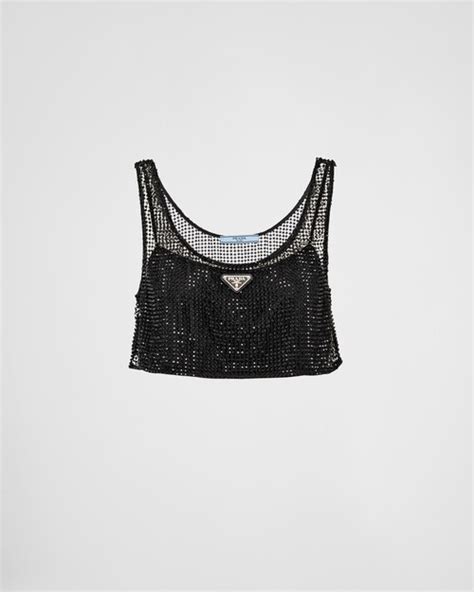 prada top glitzer|Black Rhinestone embroidered mesh top .